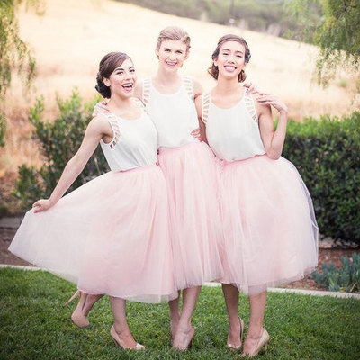 Two piece pink tea length bridesmaid dresses for wedding - Thumbnail 4