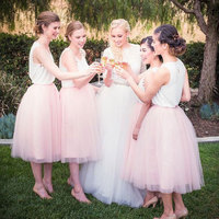 Two Piece Pink Tea Length Bridesmaid Dresses for Wedding - Thumbnail 1