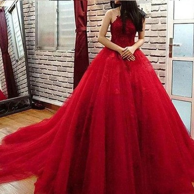 Halter burgundy tulle prom dresses birthday gowns with appliques - Thumbnail 4