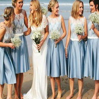 Knee Length Blue Bridesmaid Dresses with Lace - Thumbnail 2