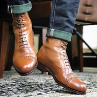 Men's Handmade Tan Cap Toe Ankle High Boots Men's Leather Lace Up Boot - Thumbnail 1