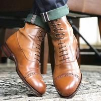 Men's Handmade Tan Cap Toe Ankle High Boots Men's Leather Lace Up Boot - Thumbnail 2