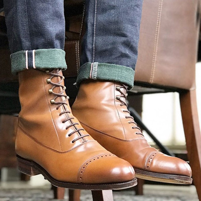 Men's handmade tan cap toe ankle high boots men's leather lace up boot - Thumbnail 3