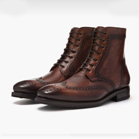 Men's Handmade Ankle High Dark Brown Wing Tip Brogue Leather Lace Up Boot - Thumbnail 1