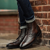 Men's Handmade Ankle High Dark Brown Wing Tip Brogue Pebbled Leather Lace Up Boot - Thumbnail 2