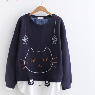 Kawaii fake two piece cartoon cat warm sweatshirt
