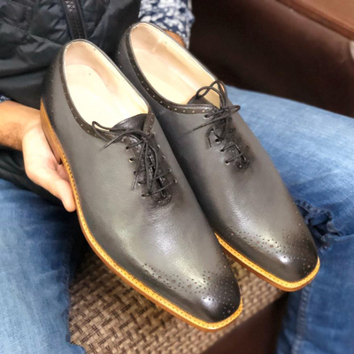 Men's handmade stylish gray brogue leather lace up shoes - Thumbnail 4