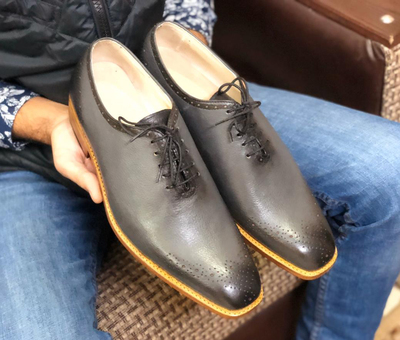 Men's Handmade Stylish Gray Brogue Leather Lace Up Shoes