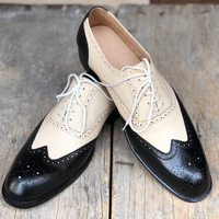 Men's Handmade White & Black Wing Tip Brogue Leather Lace Up Shoes - Thumbnail 2