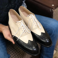 Men's Handmade White & Black Wing Tip Brogue Leather Lace Up Shoes - Thumbnail 1