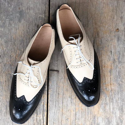 Men's handmade white & black wing tip brogue leather lace up shoes - Thumbnail 3