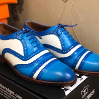 Men's Handmade White & Sky Blue Cap Toe Leather Lace Up Shoes - Thumbnail 2