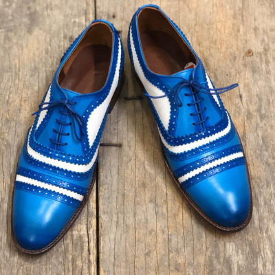 Men's handmade white & sky blue cap toe leather lace up shoes - Thumbnail 3