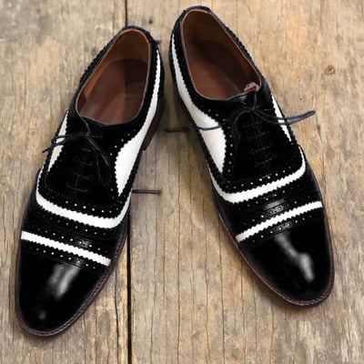 Men's handmade white & black cap toe leather lace up shoes - Thumbnail 3