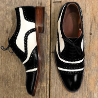 Men's Handmade White & Black Cap Toe Leather Lace Up Shoes - Thumbnail 1