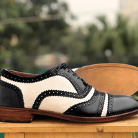 Men's Handmade White & Black Cap Toe Leather Lace Up Shoes - Thumbnail 2