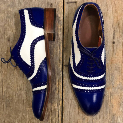 Men's handmade white & dark blue cap toe leather lace up shoes - Thumbnail 5