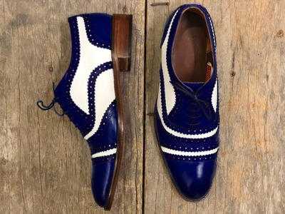 Men's Handmade White & Dark Blue Cap Toe Leather Lace Up Shoes