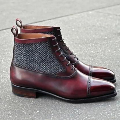 New Handmade Maroon & Gray Half Ankle Cap Toe Leather Lace Up Boot For Men's 