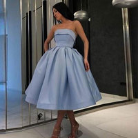 Blue satin short prom dress evening dress - Thumbnail 1