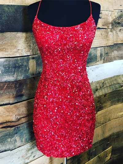 Luxurious Body con Scoop Neck Cross Back Red Royal Blue Short Prom Dresses,Evening Party Dresses