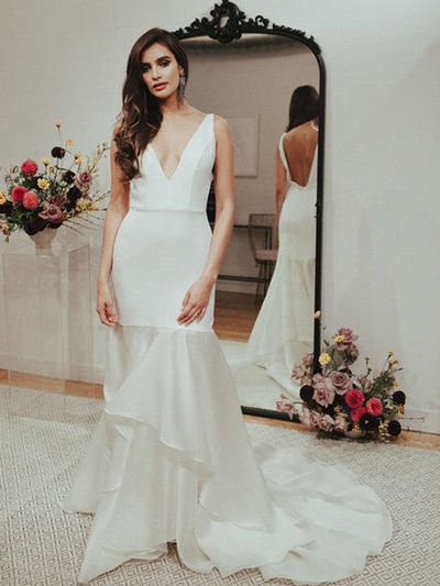 Simple Mermaid V Neck Backless Ivory Satin Wedding Dresses with Train
