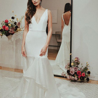 Simple Mermaid V Neck Backless Ivory Satin Wedding Dresses with Train - Thumbnail 1