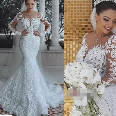 Mermaid wedding dresses bridal gowns with long sleeves appliques beaded - Thumbnail 4