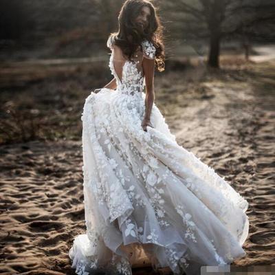 Cap sleeves v neck wedding dresses with 3d flowers - Thumbnail 3