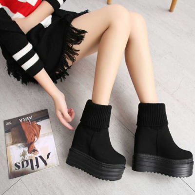 Black casual suede wedge shoes ankle boots
