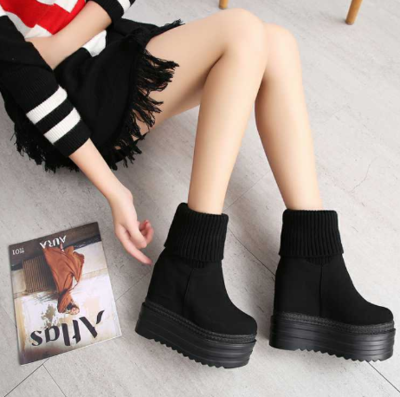 Black Casual Suede Wedge Shoes Ankle Boots