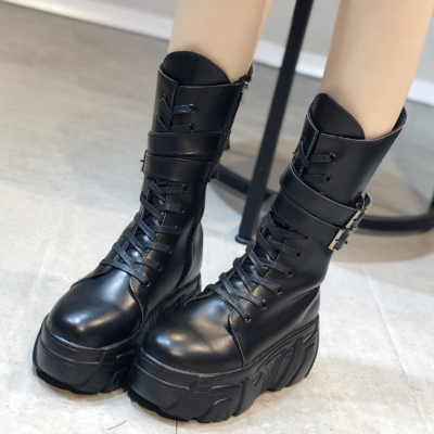 Black gothic harajuku buckle design platform boots
