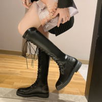 Lace up Knee High PU Leather Boots - Thumbnail 1