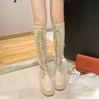 Lace up Knee High PU Leather Boots - Thumbnail 3
