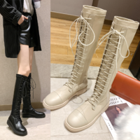 Lace up Knee High PU Leather Boots - Thumbnail 4