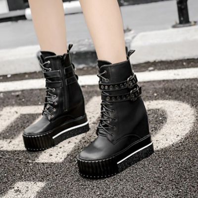 Gothic harajuku black pu leather platform ankle boots