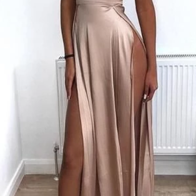 Spaghetti straps modest sexy prom dresses with side split ,2020 prom dress - Thumbnail 5