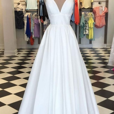 Simple a-line v neck white prom dresses,satin long formal dresses - Thumbnail 5