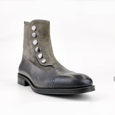 Men's ankle boots gray button top & side zipper leather suede boot - Thumbnail 2