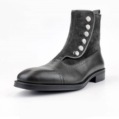 Men's ankle boots black button top & side zipper leather suede boot - Thumbnail 3