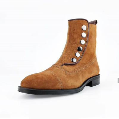Men's ankle boots tan button top & side zipper leather suede boot - Thumbnail 4