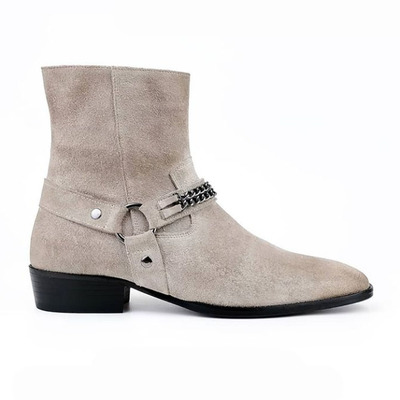 Handmade men's white madrid straps & chain style suede boot - Thumbnail 2