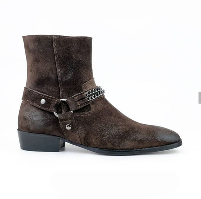 Handmade Men's Chocolate Brown Madrid Straps & Chain Style Suede Boot