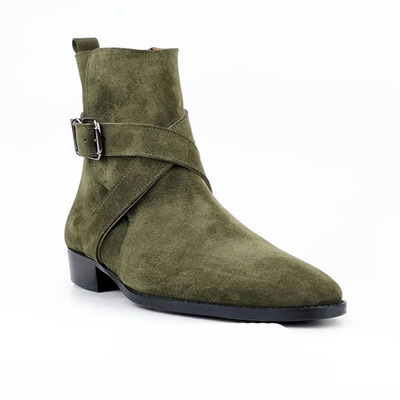 Men's olive green ankle high jodhpurs side zipper suede boot - Thumbnail 3