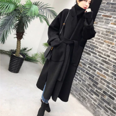 Belted solid color classy long winter coat