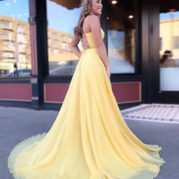 Yellow chiffon long prom dress evening dress - Thumbnail 1