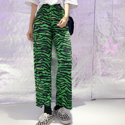 High waist green black stripes straight leg pants