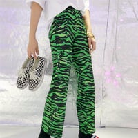 High Waist Green Black Stripes Straight Leg Pants - Thumbnail 3