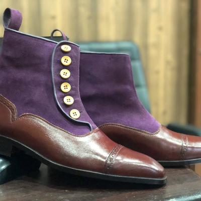 New ankle boots brown & purple button top cap toe leather suede boot - Thumbnail 3