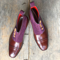 New Ankle Boots Brown & Purple Button Top Cap Toe Leather Suede Boot - Thumbnail 1
